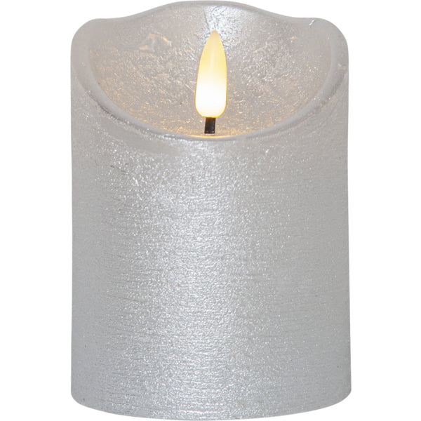 Star Trading LED-Kerze – Ø 7,5 × 10 cm, 0,03 W, Warmweiss, Silber, Timer, flackernd, batteriebetrieben