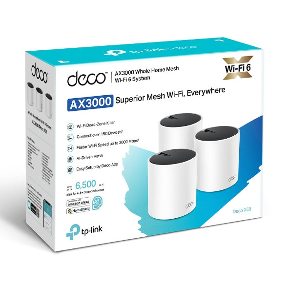 TP-Link Deco X55 (3er-Pack) – WLAN-Router – Wi-Fi 6 Dual-Band (2,4/5 GHz), 3,0 Gbit/s