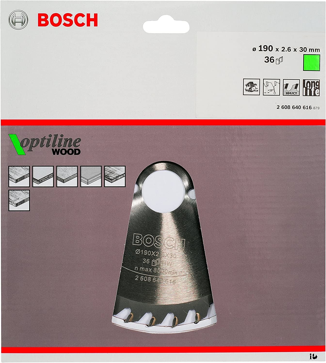 Bosch Professional – Kreissägeblatt, Optiline Wood, 2608640616, 190 mm × 30 mm × 2,6 mm