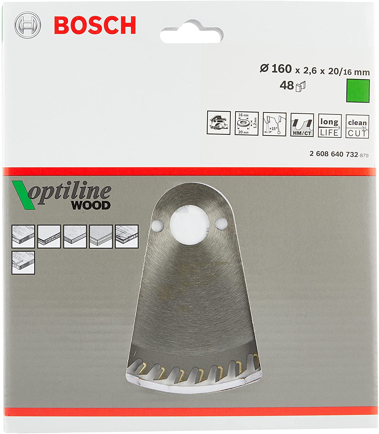 Bosch Professional – Kreissägeblatt, 48 Zähne, Optiline Wood, 160 mm × 20/16 mm × 2,6 mm