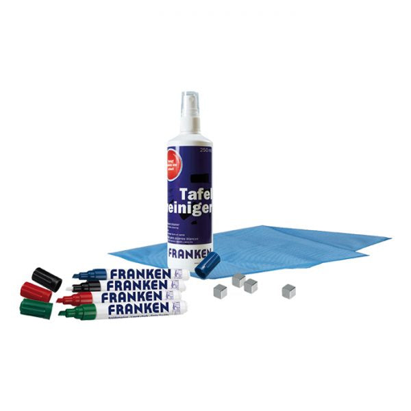 Franken Z1971 Moderationsset – 4 Kreidemarker, 4 Neodym-Magnetwürfel 10 × 10 × 10 mm, Mikrofasertuch für Glas
