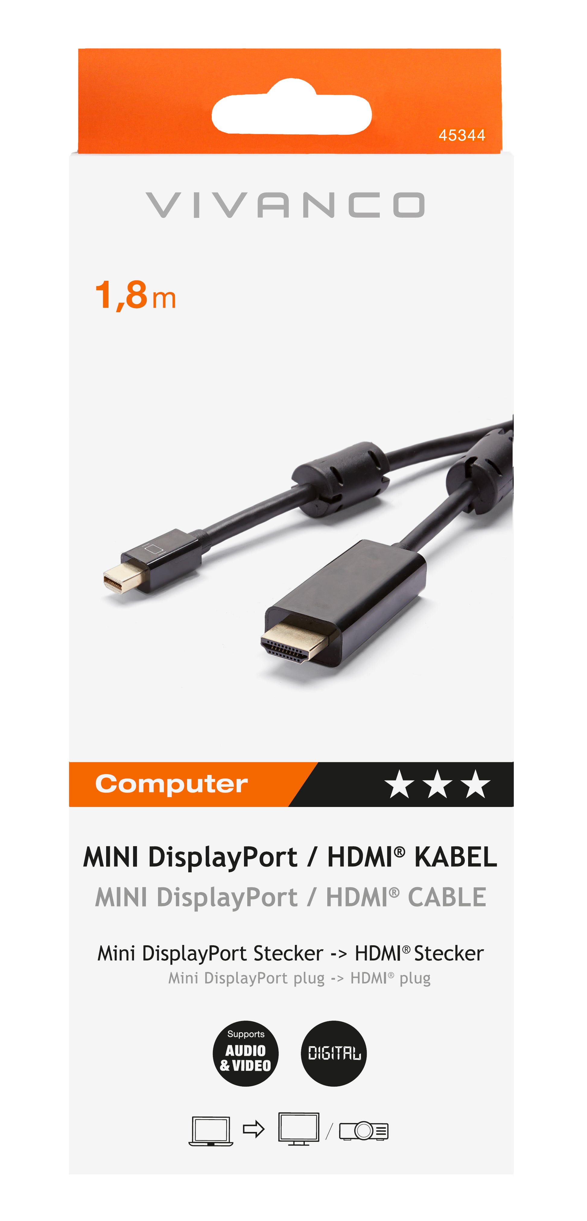 Vivanco Mini DisplayPort auf HDMI Kabel – 1,8 m – für Geräte mit Mini DisplayPort und HDMI-Eingang