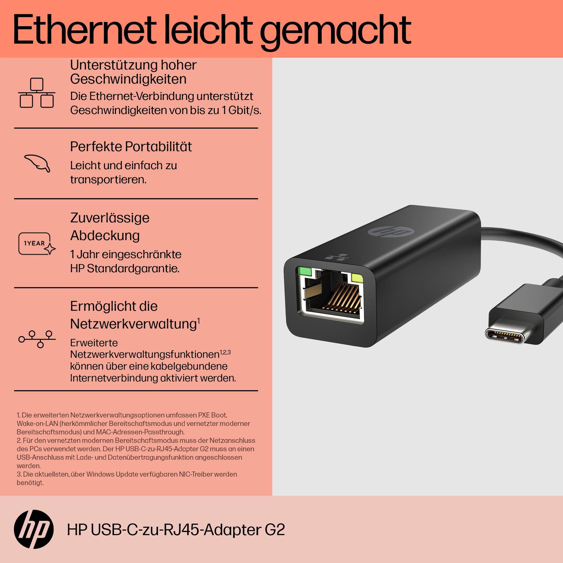 HP Netzwerkadapter USB-C zu RJ-45 – 1 Gbit/s, 0,1 m, für Windows 10/11, ChromeOS, Schwarz