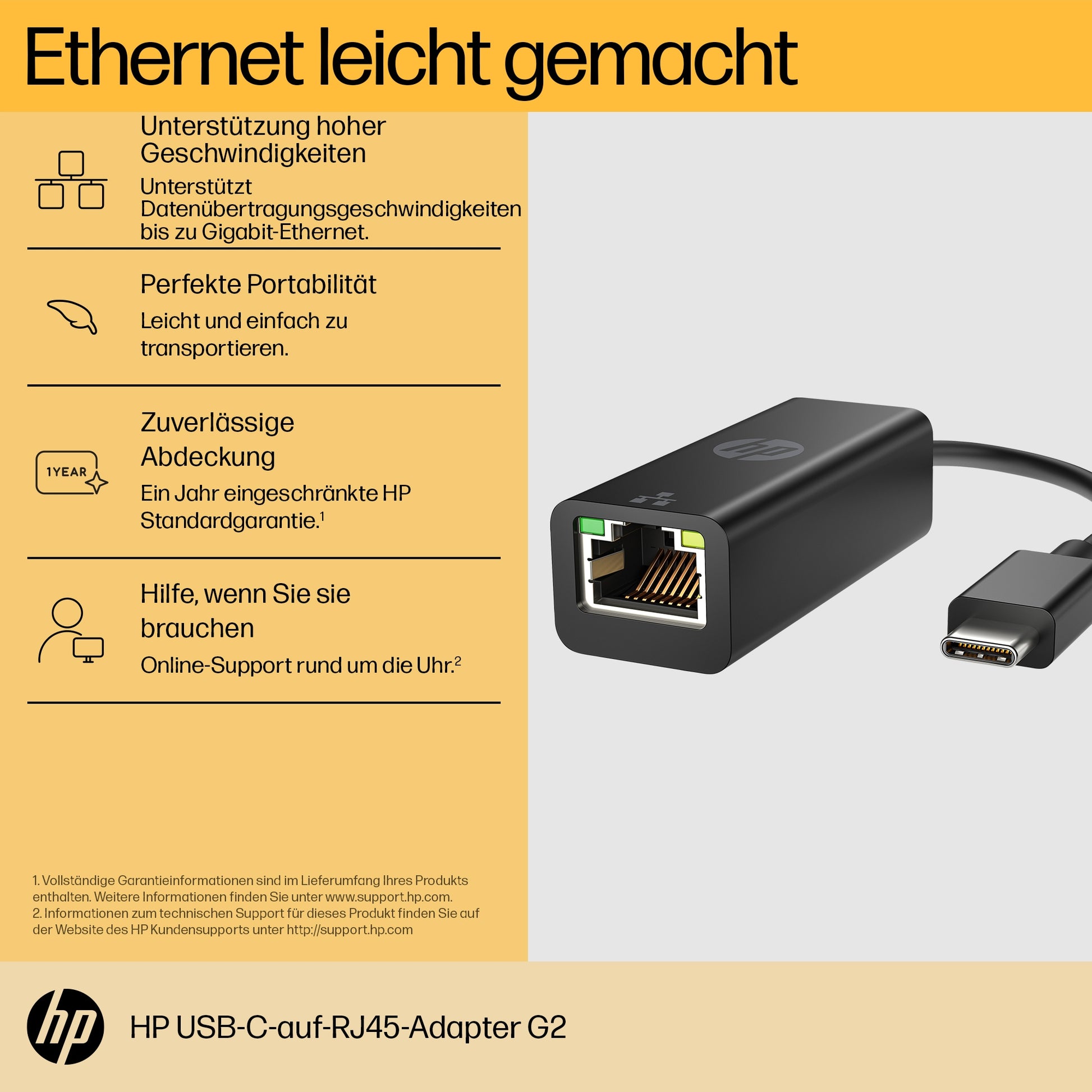 HP Netzwerkadapter USB-C zu RJ-45 – 1 Gbit/s, 0,1 m, für Windows 10/11, ChromeOS, Schwarz
