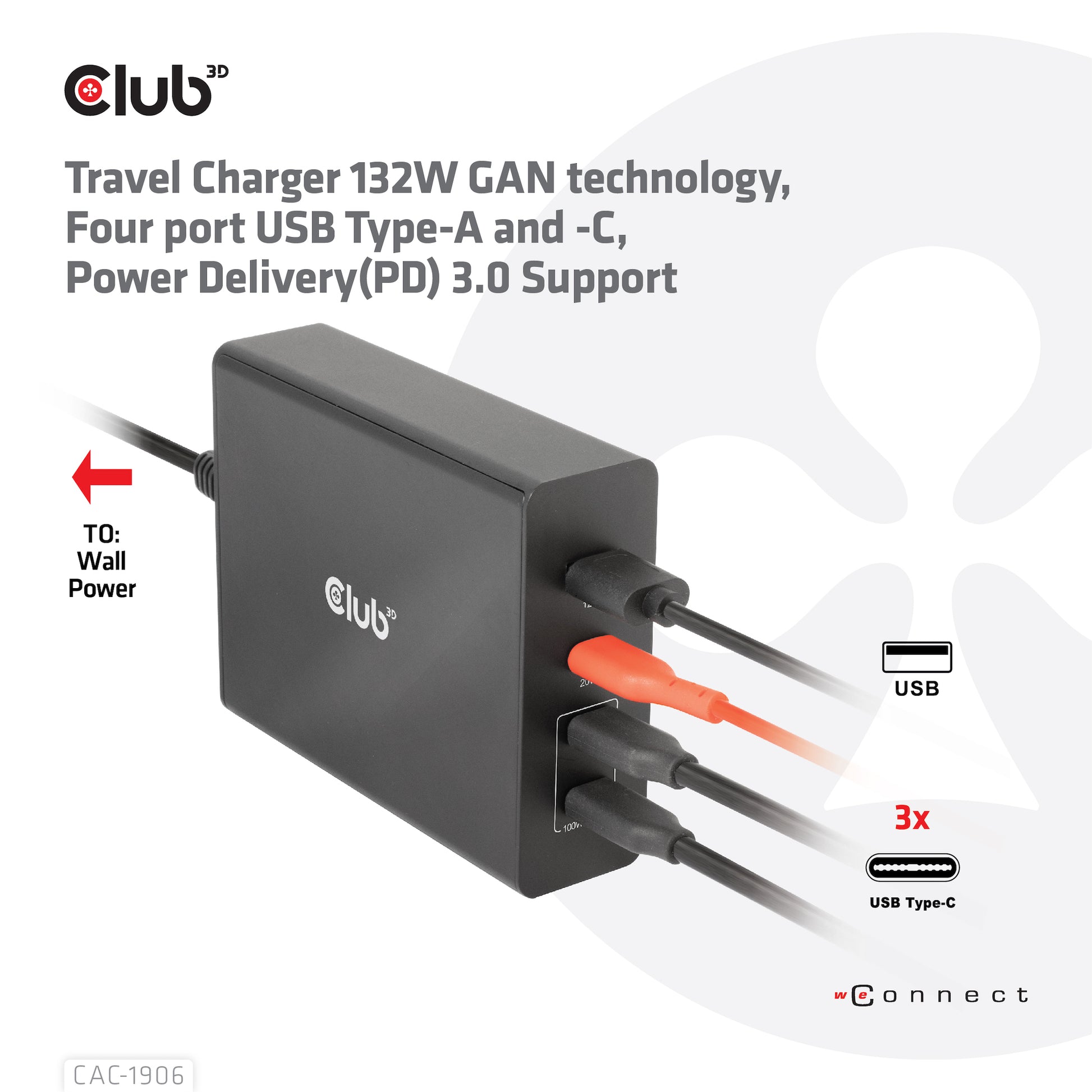 CLUB3D Club 3D Ladegerät – 132 W, 1× USB-A + 3× USB-C, PD, GaN