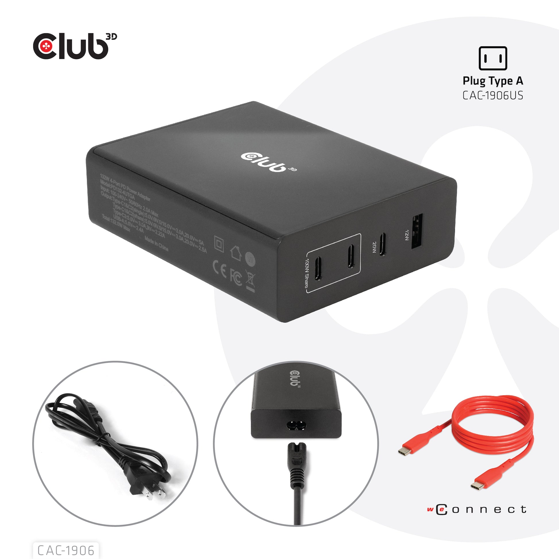 CLUB3D Club 3D Ladegerät – 132 W, 1× USB-A + 3× USB-C, PD, GaN