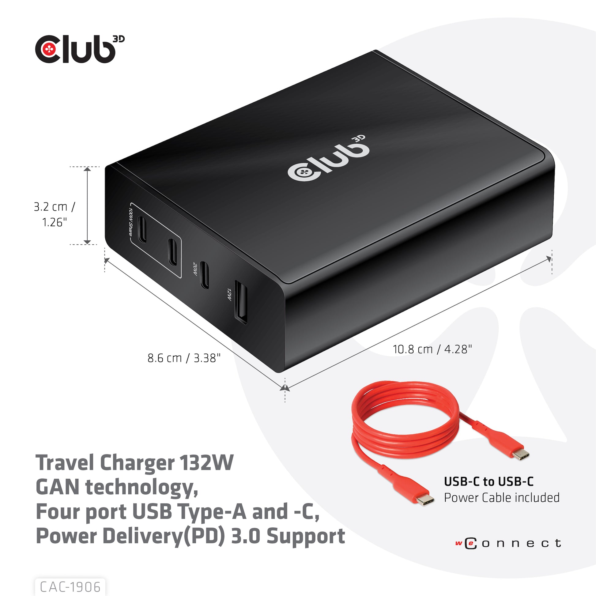 CLUB3D Club 3D Ladegerät – 132 W, 1× USB-A + 3× USB-C, PD, GaN