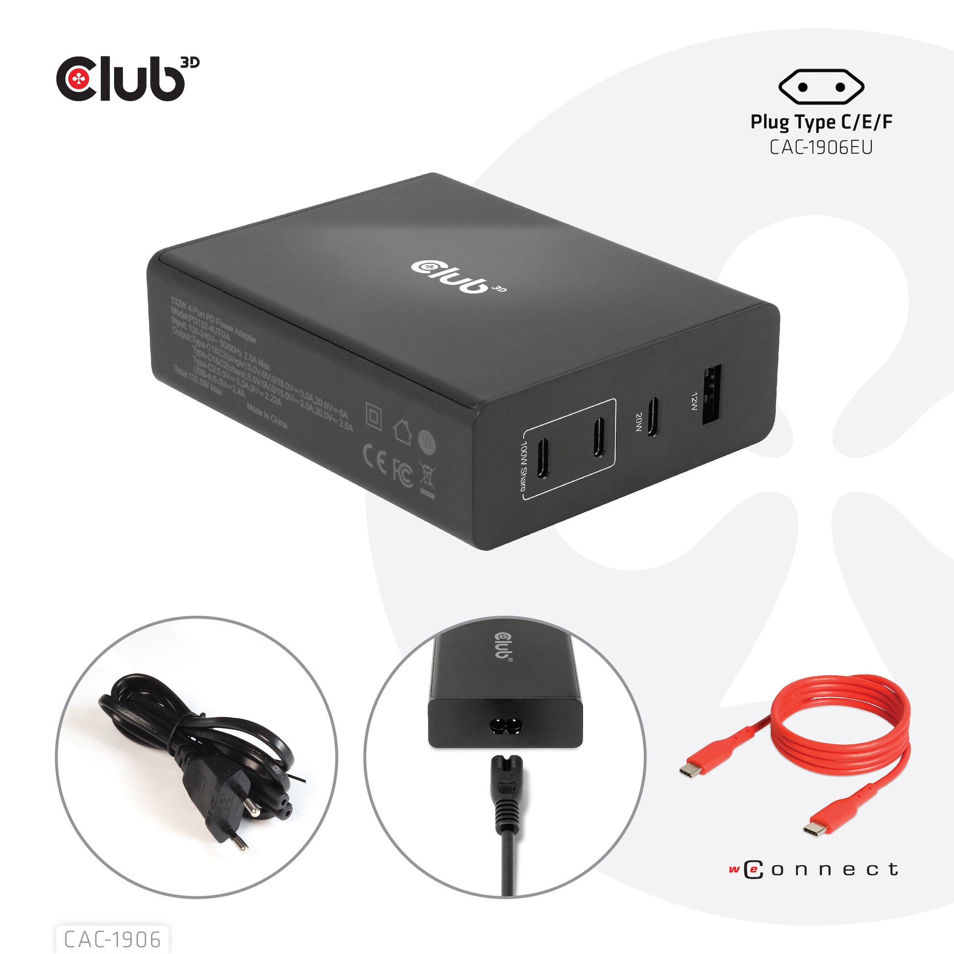 CLUB3D Club 3D Ladegerät – 132 W, 1× USB-A + 3× USB-C, PD, GaN