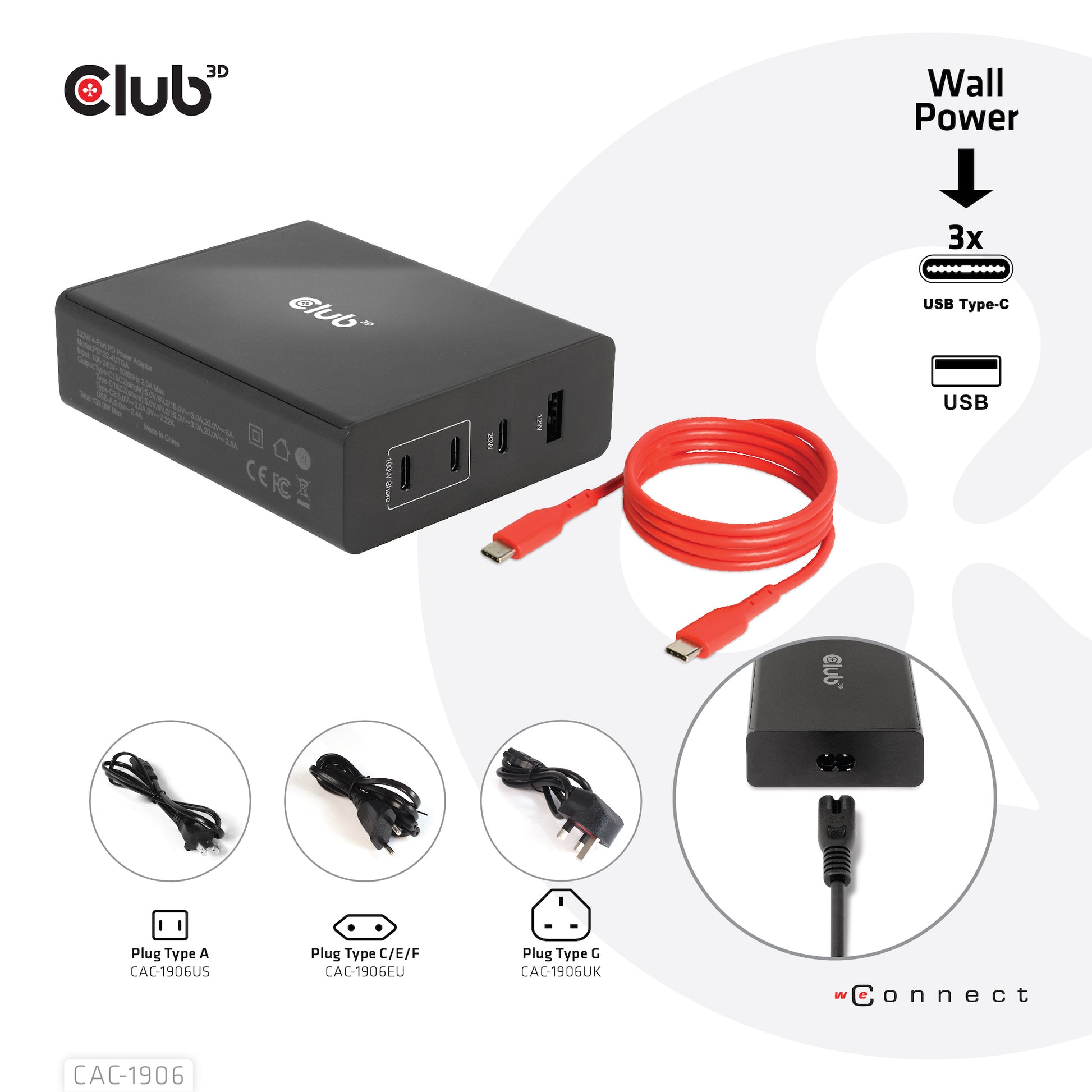 CLUB3D Club 3D Ladegerät – 132 W, 1× USB-A + 3× USB-C, PD, GaN