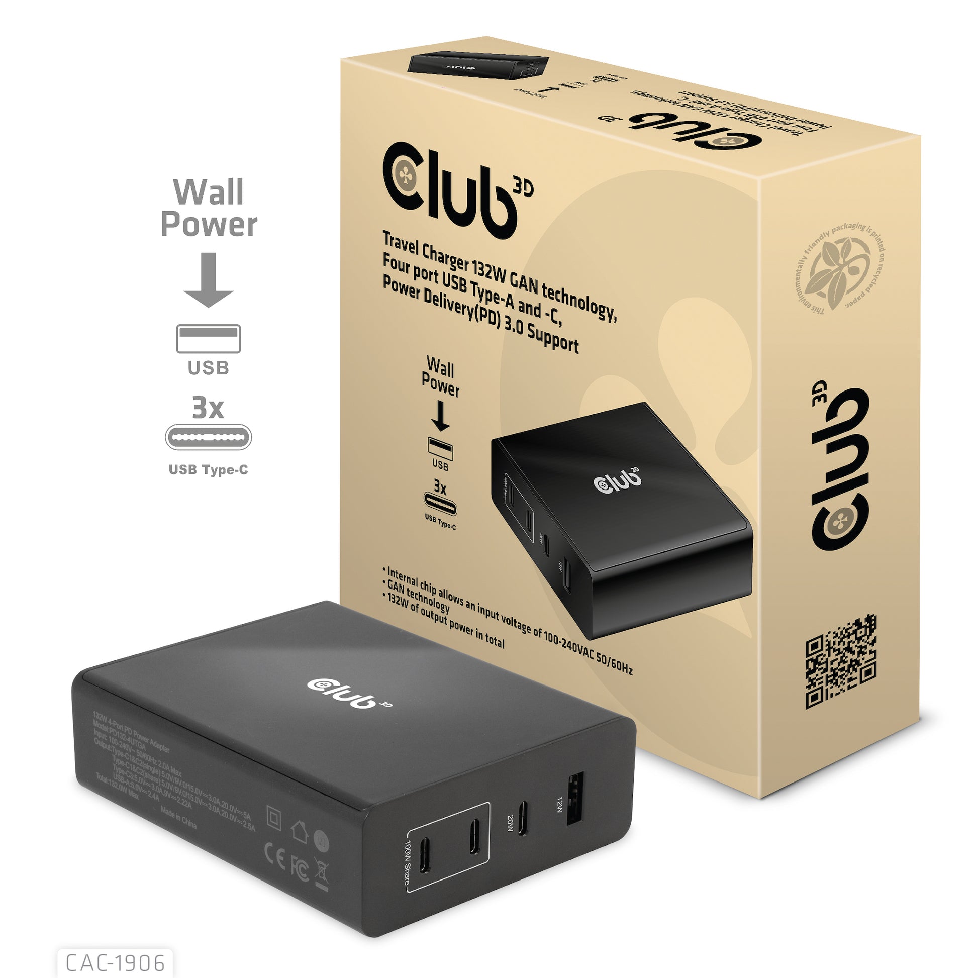 CLUB3D Club 3D Ladegerät – 132 W, 1× USB-A + 3× USB-C, PD, GaN