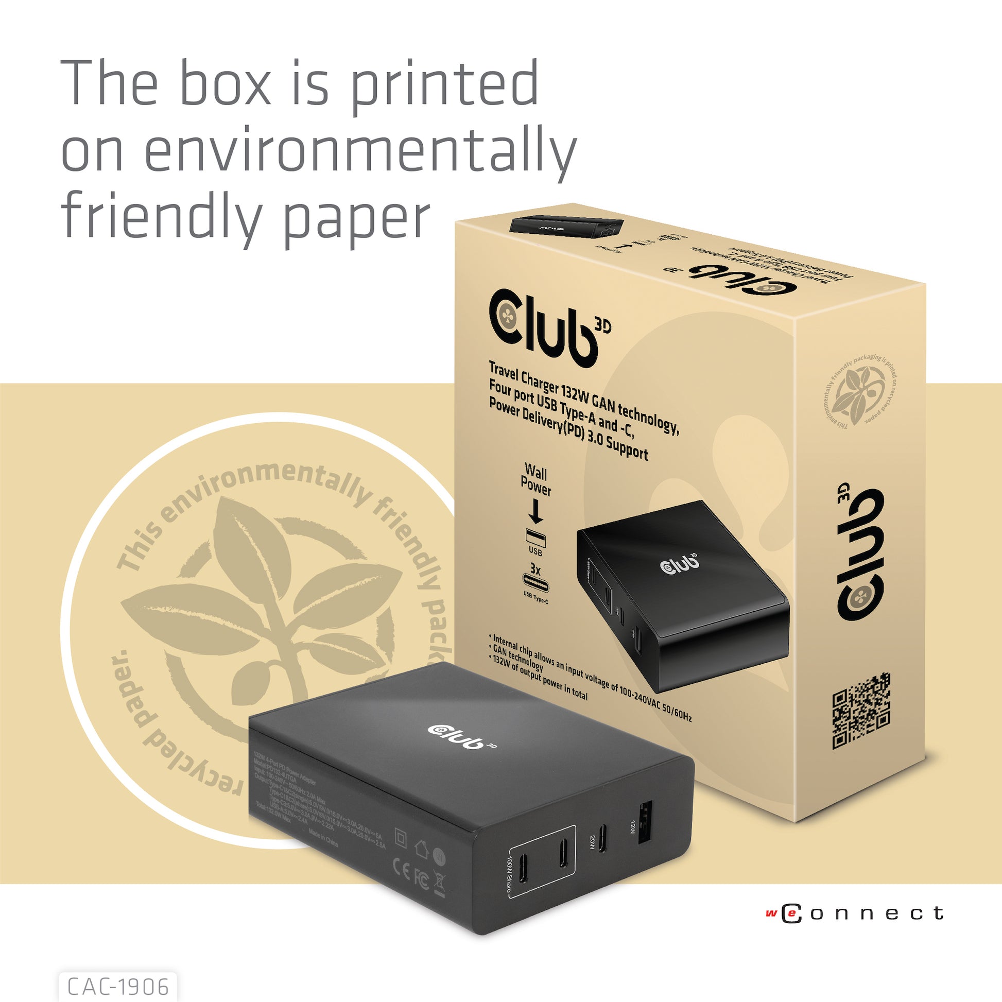 CLUB3D Club 3D Ladegerät – 132 W, 1× USB-A + 3× USB-C, PD, GaN