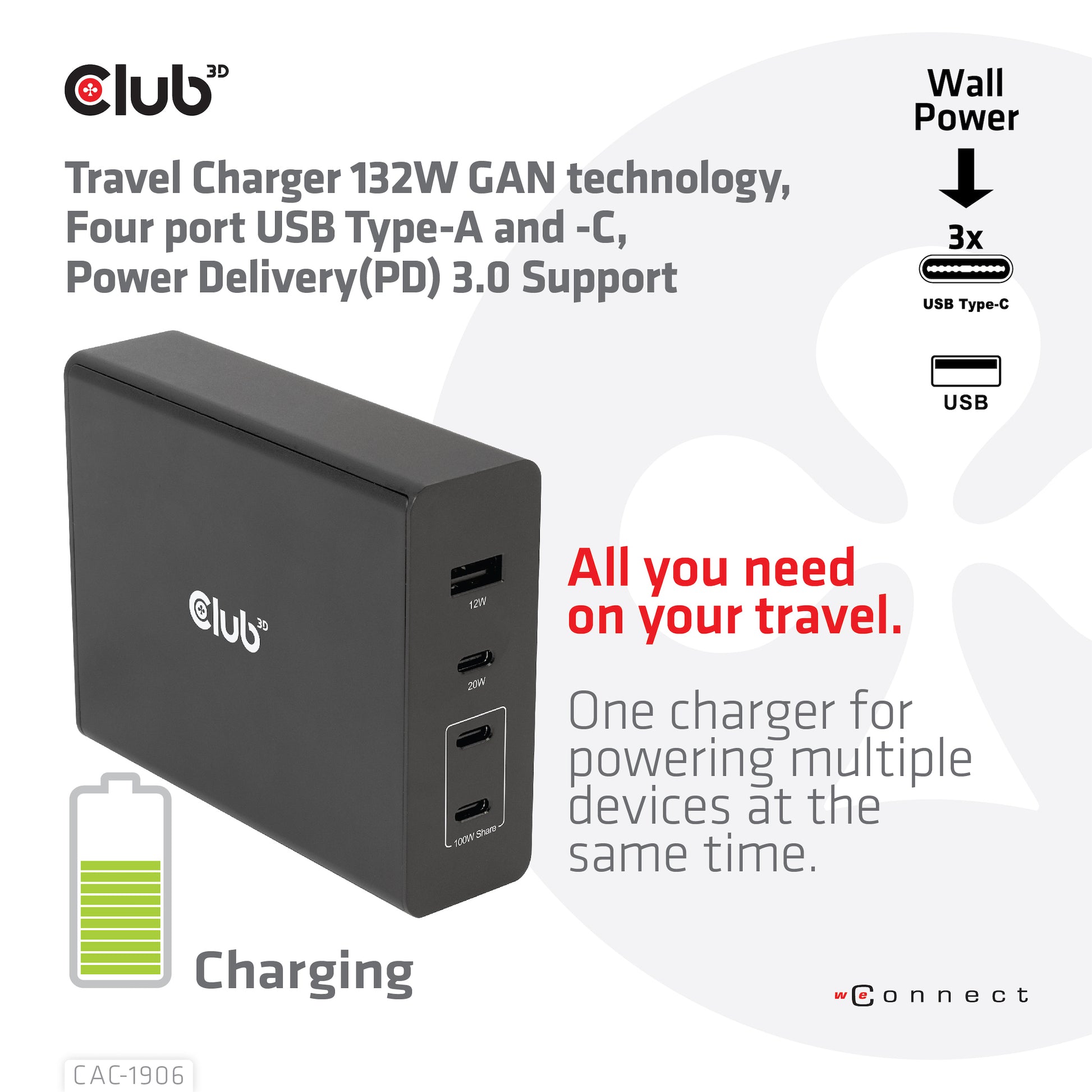 CLUB3D Club 3D Ladegerät – 132 W, 1× USB-A + 3× USB-C, PD, GaN