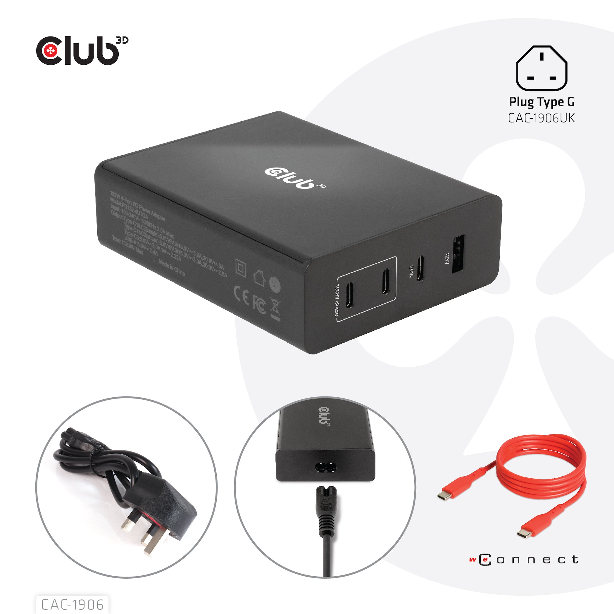 CLUB3D Club 3D Ladegerät – 132 W, 1× USB-A + 3× USB-C, PD, GaN