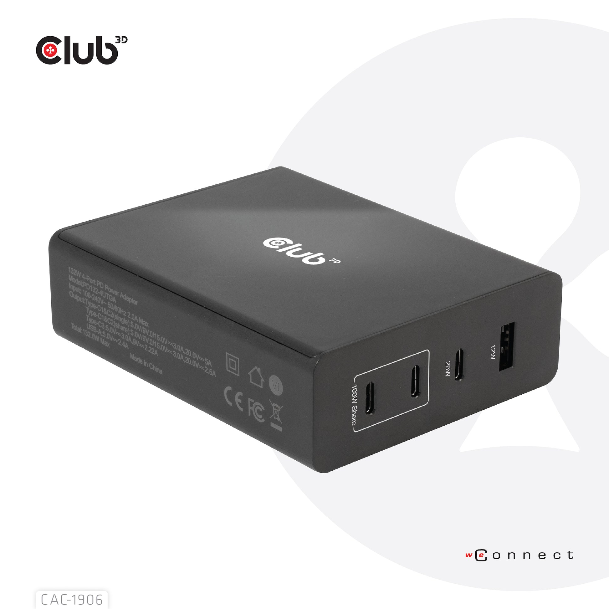CLUB3D Club 3D Ladegerät – 132 W, 1× USB-A + 3× USB-C, PD, GaN