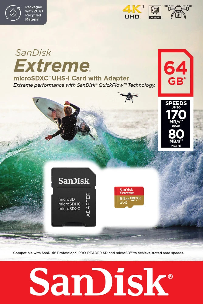 SanDisk Extreme microSDXC – 64 GB, SD-Adapter, für Action-Cams und Drohnen