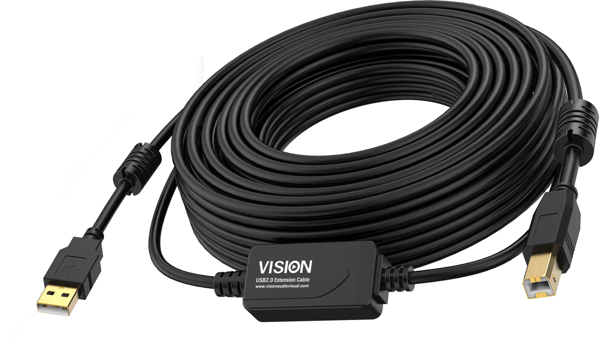 Vision USB-A auf USB-B Kabel – USB 2.0 (480 Mbit/s) – 10 m – Goldstecker – Schwarz