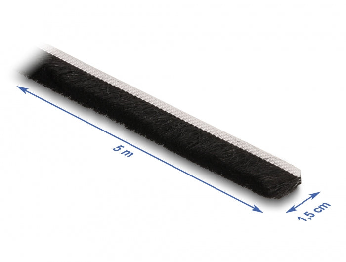 DeLOCK Bürstenstreifen – 15 mm × 5 m, Kunststoff, Schwarz, selbstklebend, für Tür, Fenster