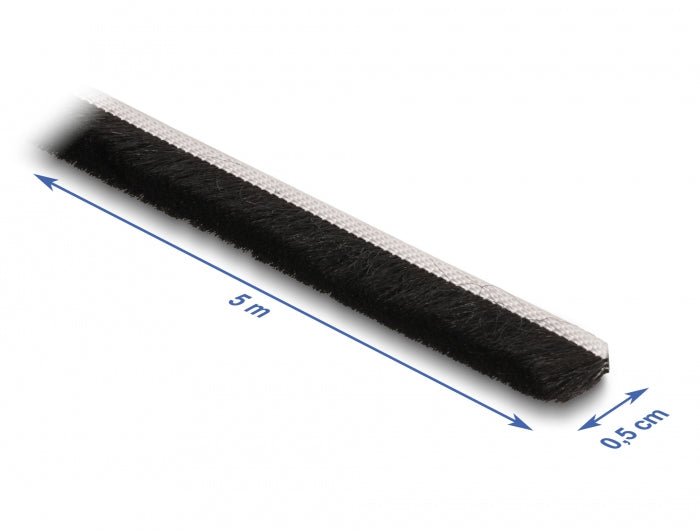 DeLOCK Bürstenstreifen – 5 mm × 5 m, Kunststoff, Schwarz, selbstklebend, für Tür, Fenster