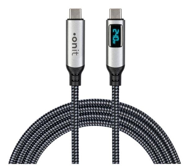 ONIT USB-C auf USB-C Kabel – USB4 40 Gbit/s – 1 m – PD 240 W – Textilmantel, LED-Display – Schwarz/Grau