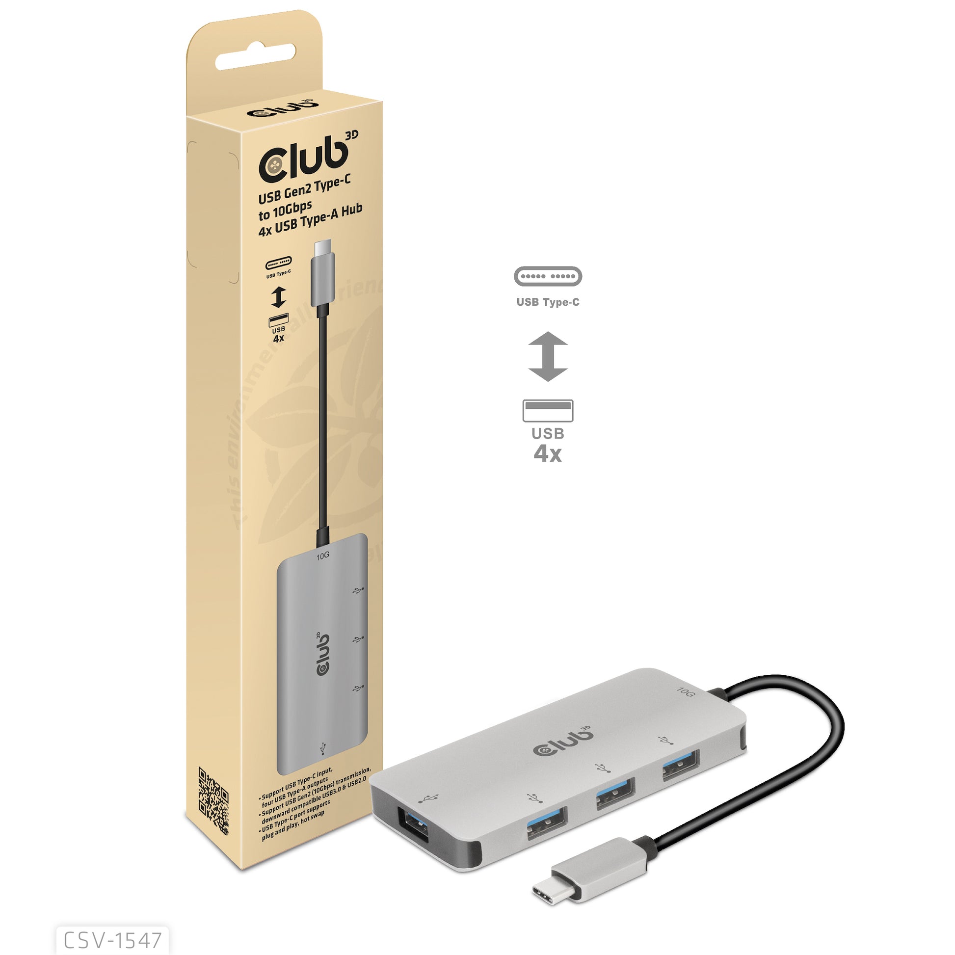 CLUB3D Club 3D USB-Hub – USB-C, 4× USB-A, für Windows/Mac