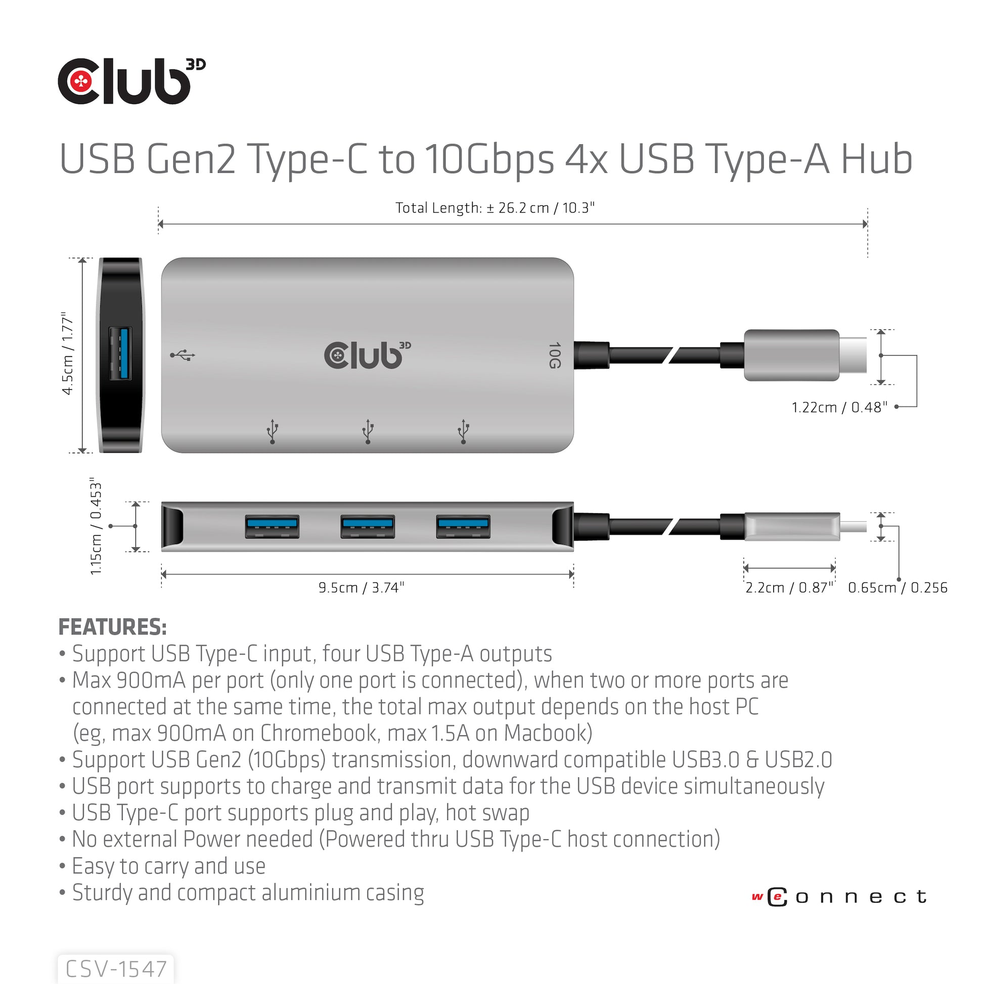 CLUB3D Club 3D USB-Hub – USB-C, 4× USB-A, für Windows/Mac