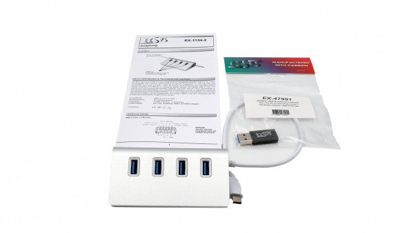 EXSYS EX-1134-2 USB-Hub – USB-C, 4× USB-A, für Windows/Mac