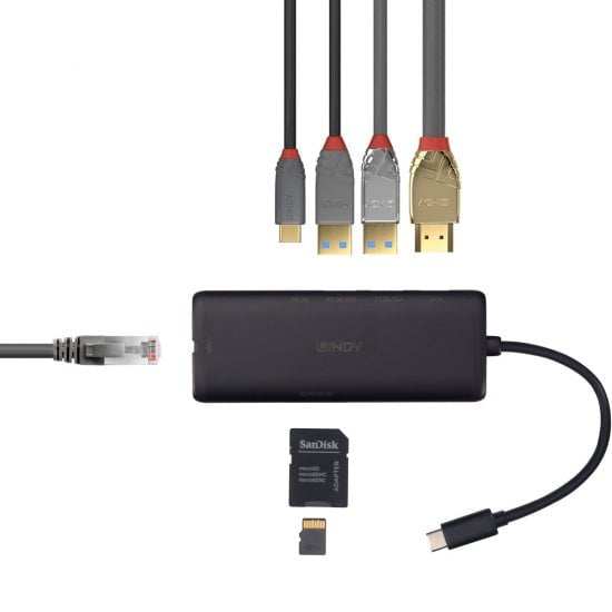 Lindy Dockingstation – USB-C, 1× HDMI, 3× USB-A, 100 W PD, GbE, SD/microSD