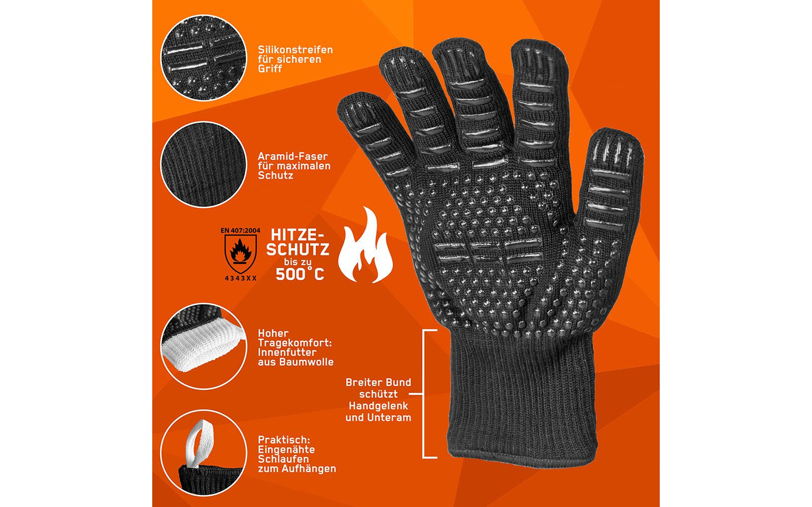 FENNEK Grillhandschuhe – Einheitsgrösse – Aramid/Silikon, Schwarz, Hitzebeständig bis 500 °C