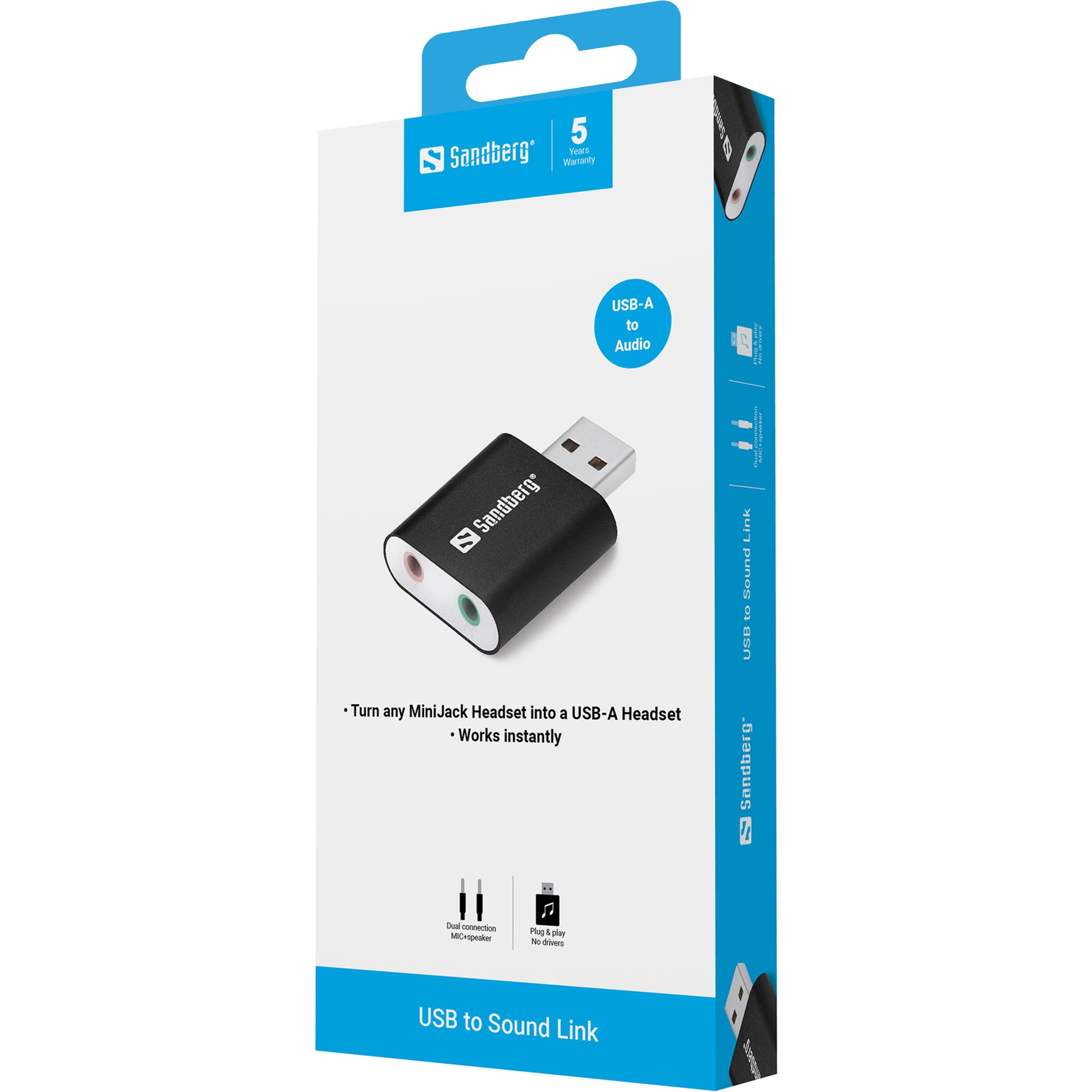 Sandberg USB-Audio-Adapter USB zu Kopfhörer/Mikrofon – Stereo (2,0 Kanäle), 1× Kopfhörer, Mikrofon-Eingang