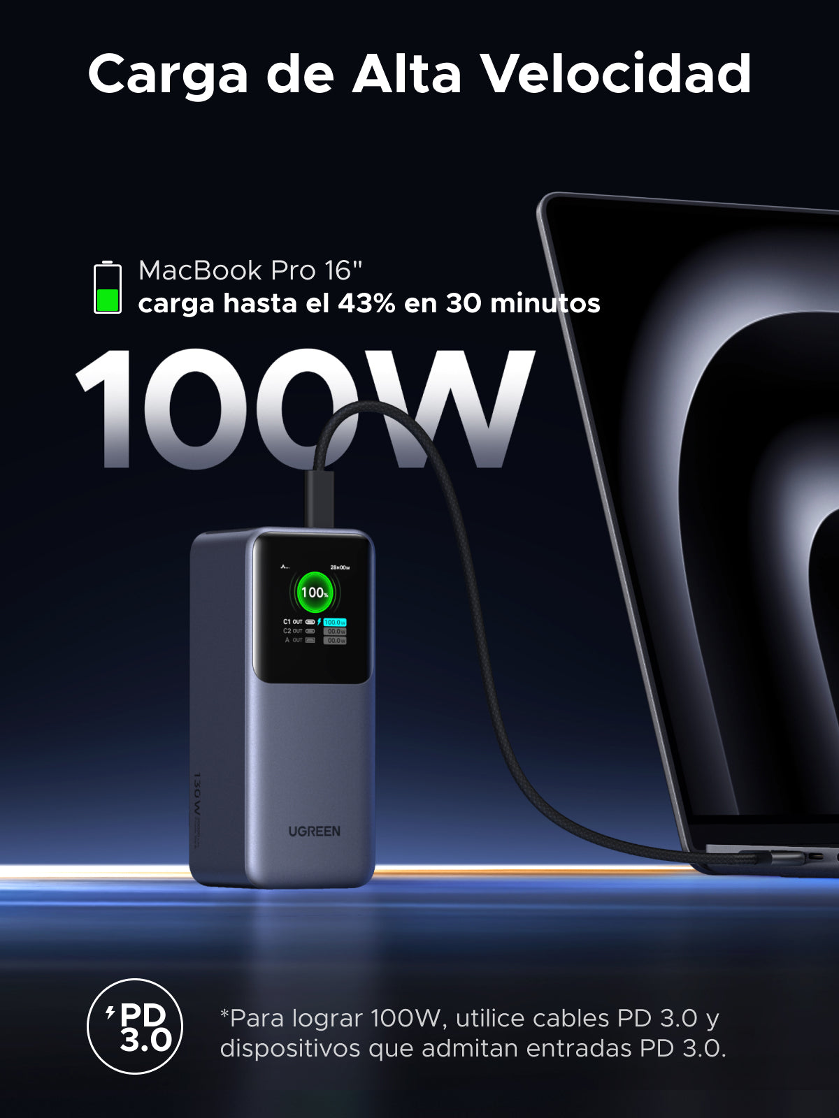 Ugreen Powerbank 20000 mAh, PD 130 W, 2× USB-C, 1× USB-A, für Laptops und Smartphones