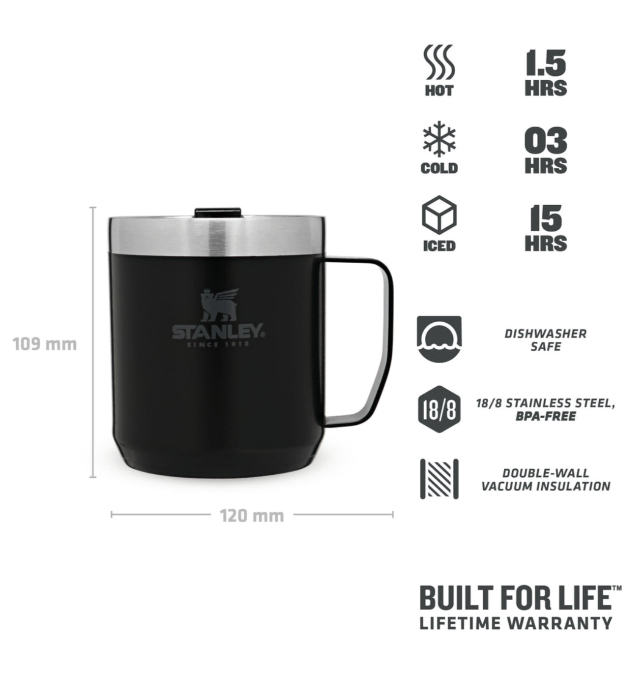 Stanley Camp Becher Thermobecher 350 ml – doppelwandig 1,5 h heiss / 3 h kalt, Edelstahl, schwarz