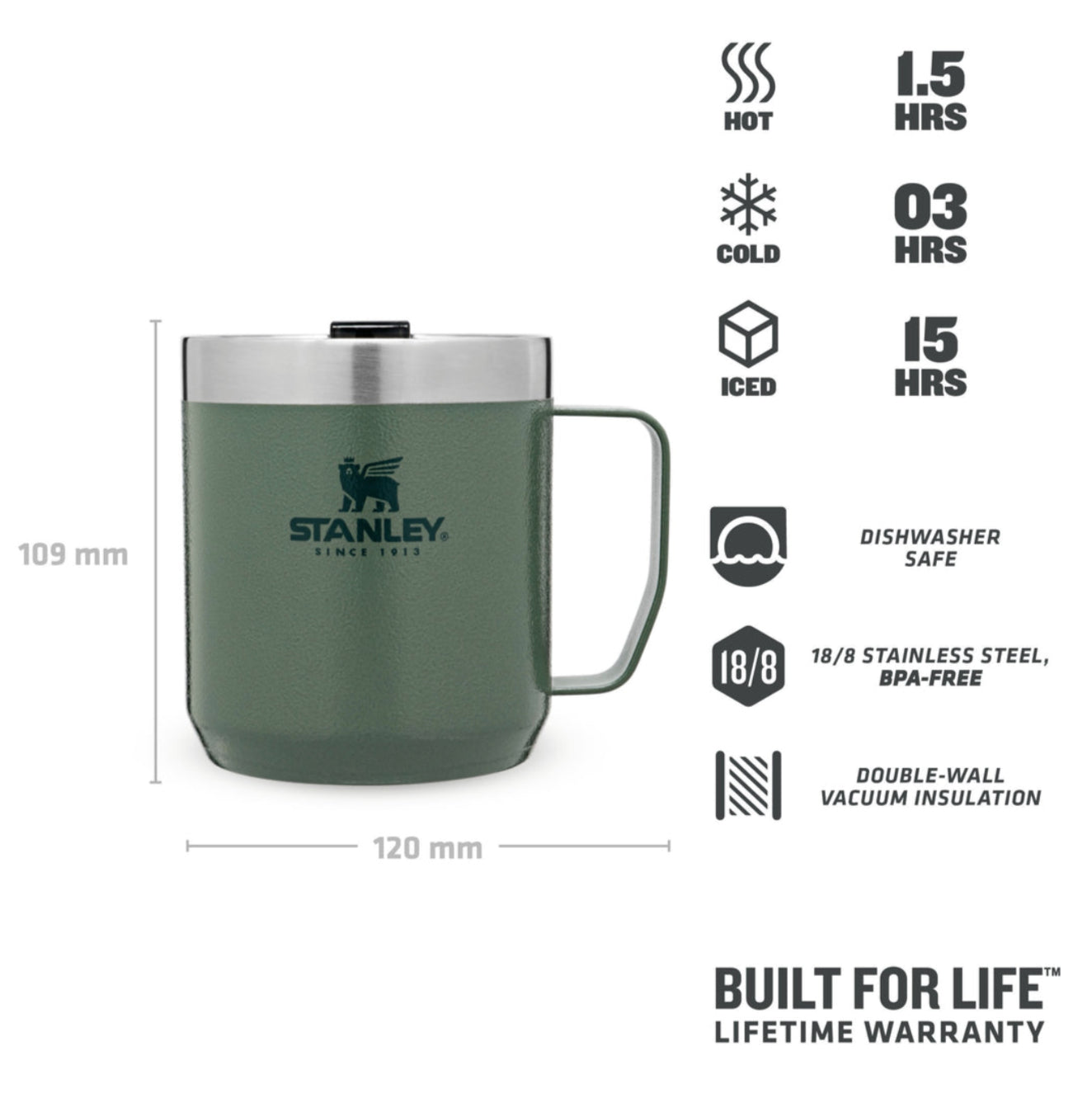 Stanley Camp Mug Thermobecher 350 ml – doppelwandig 1,5 h heiss/3 h kalt, Edelstahl, grün