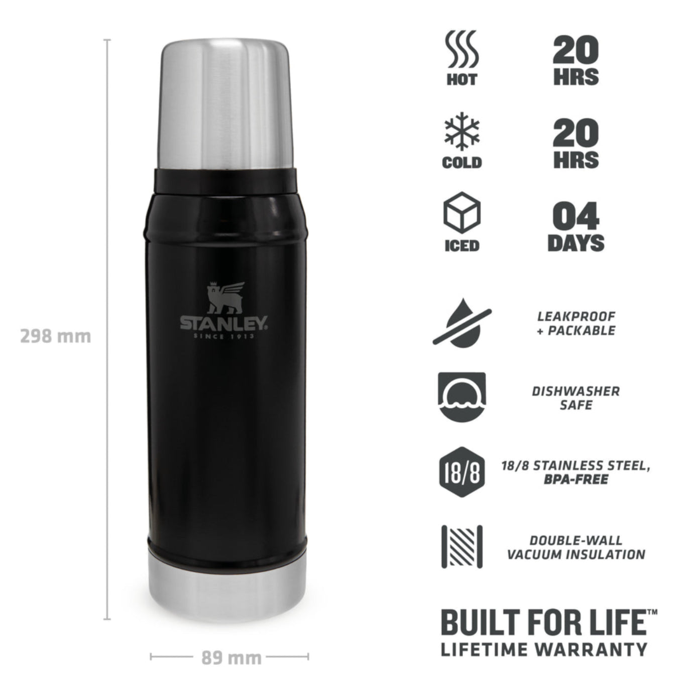 Stanley Classic Isolierflasche 750 ml – doppelwandig 20 h heiss/20 h kalt, Edelstahl, Schraubdeckel