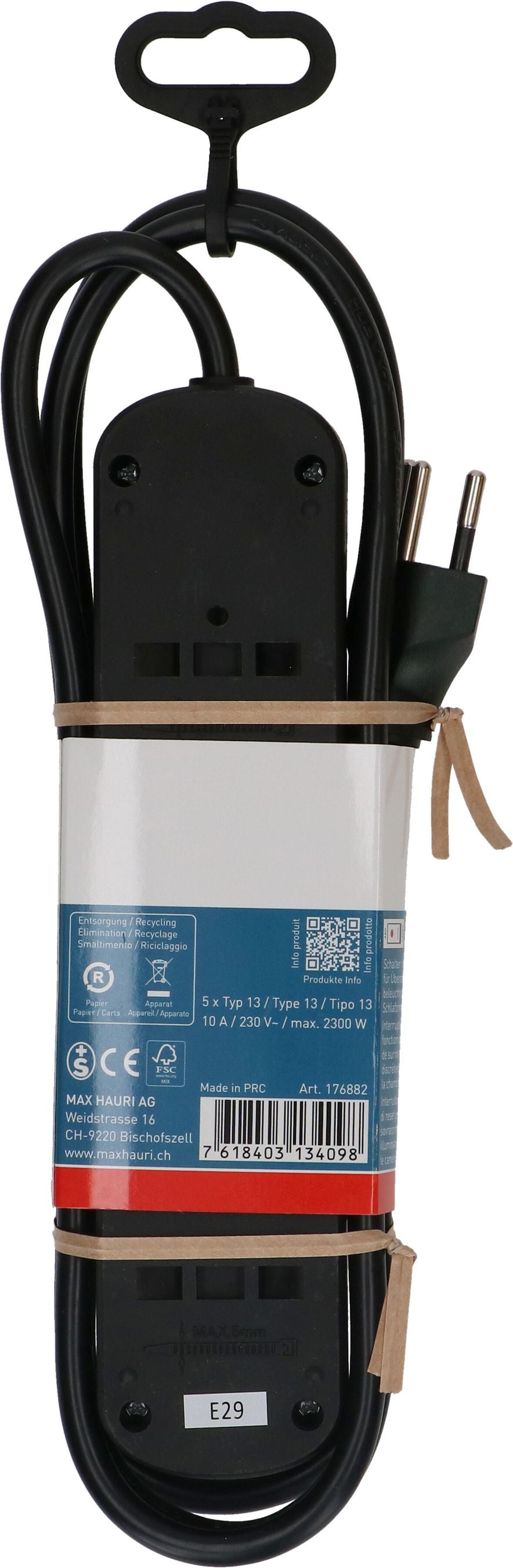 Max Hauri AG Max Hauri Basic Line Steckdosenleiste – 5× T13, 1,5 m, mit Schalter, Schwarz