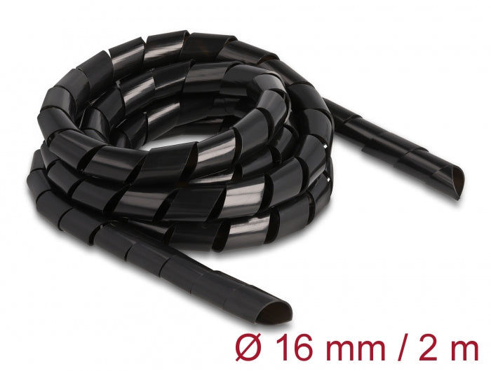 DeLOCK Flexibler Spiralschlauch – 16 mm × 2 m – Polyethylen, Zuschneidbar – Schwarz