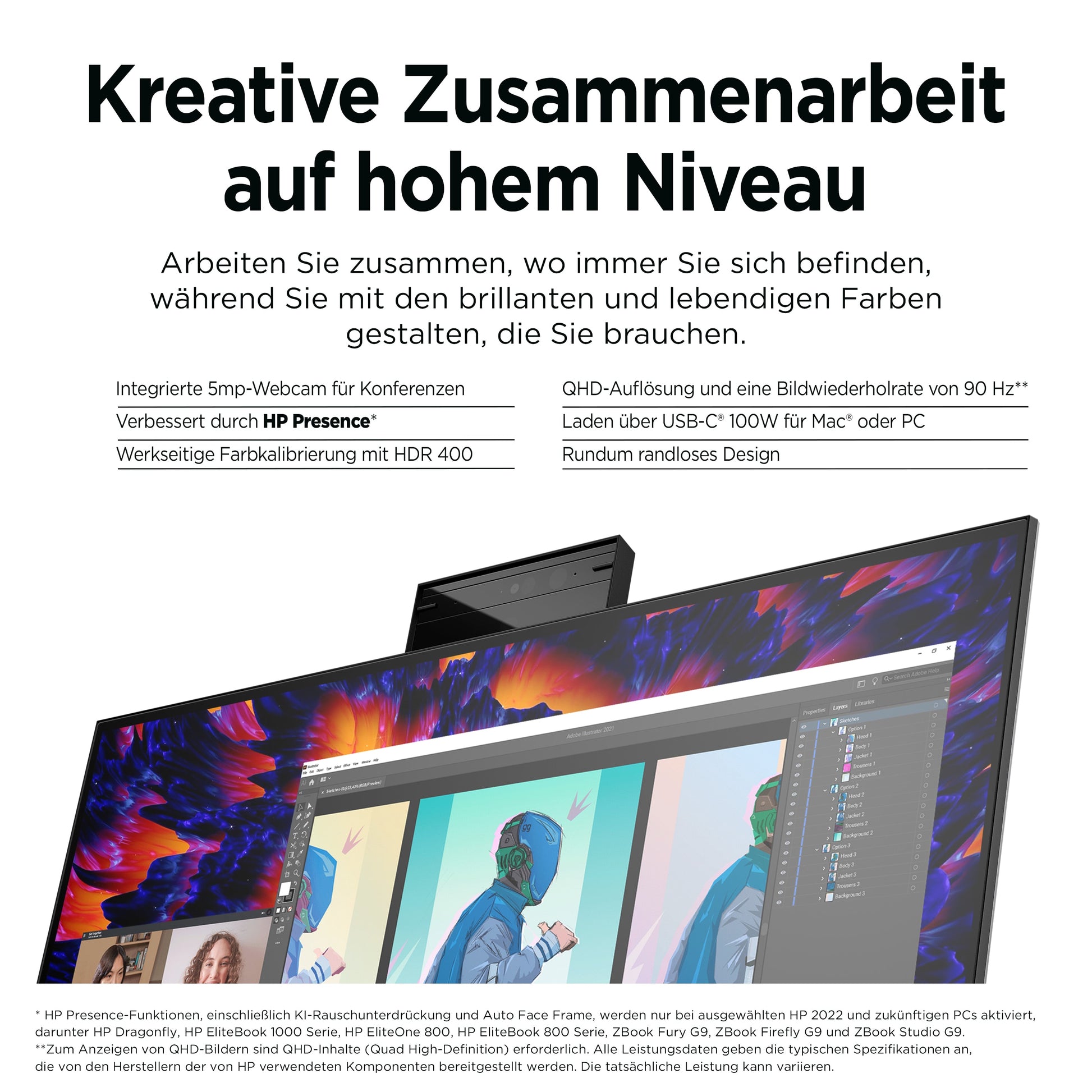 HP Z24m G3 – Monitor, 23,8" 2560 × 1440 (WQHD), IPS, 90 Hz, 400 cd/m², Webcam, USB-C, VESA 100 × 100, Silber