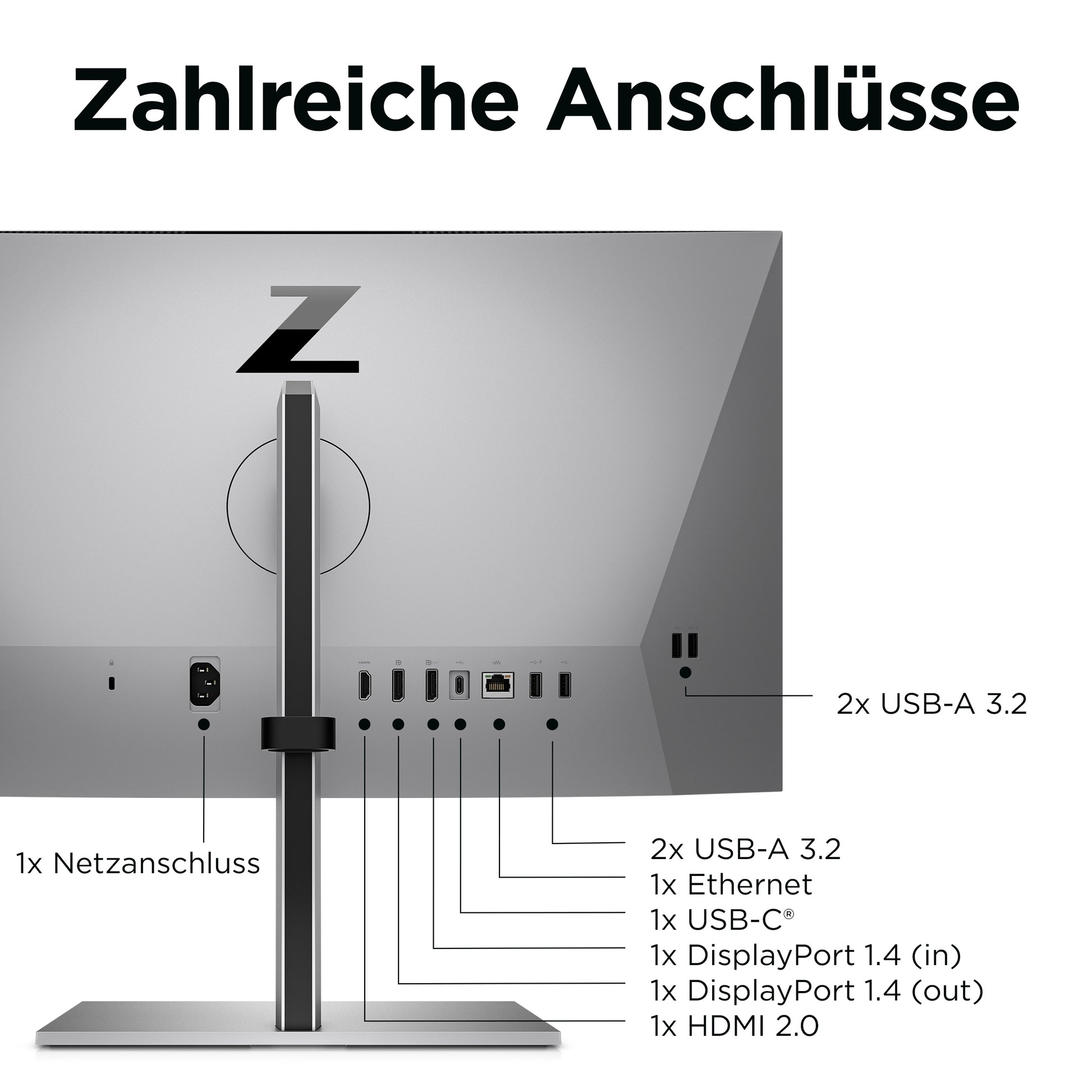 HP Z24m G3 – Monitor, 23,8" 2560 × 1440 (WQHD), IPS, 90 Hz, 400 cd/m², Webcam, USB-C, VESA 100 × 100, Silber