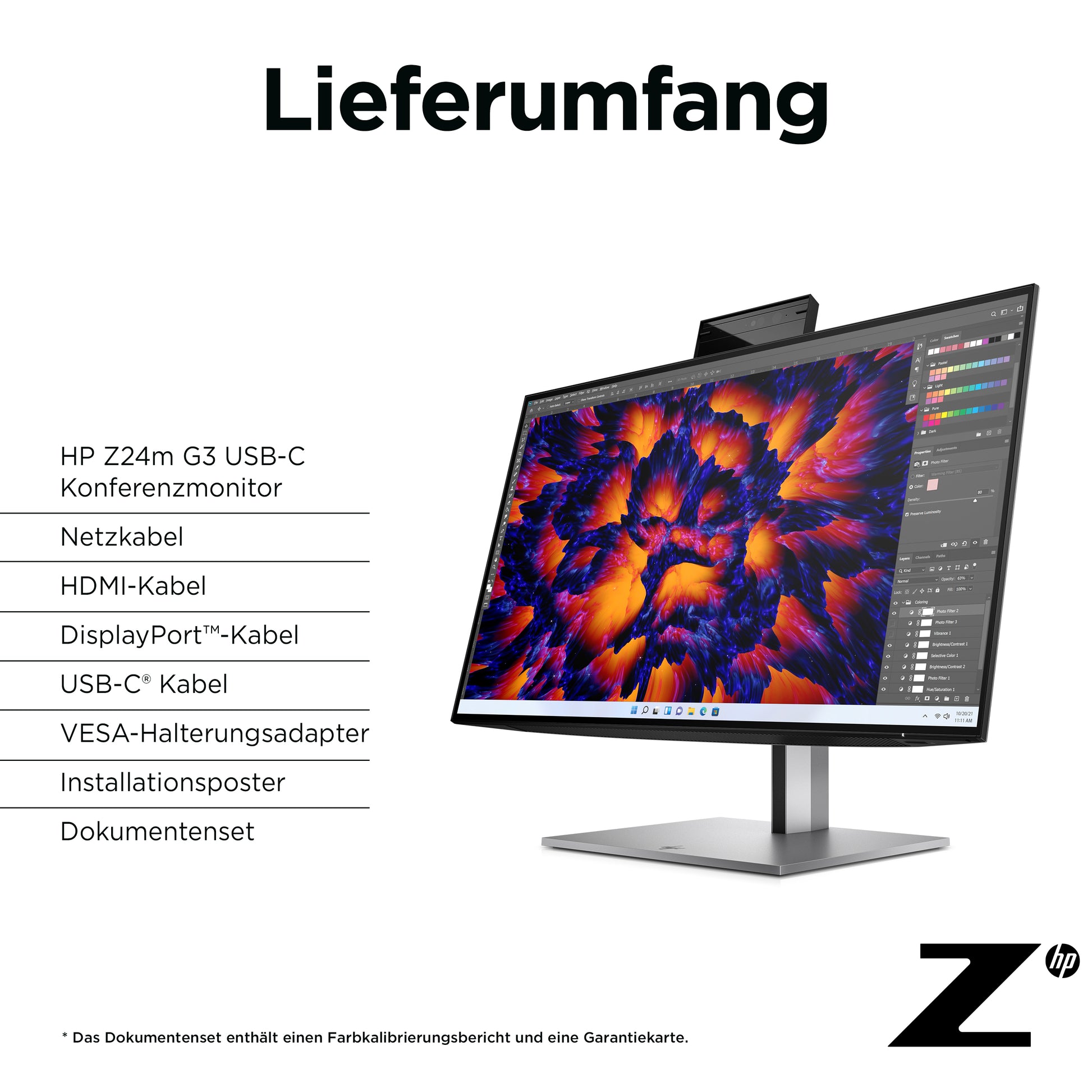 HP Z24m G3 – Monitor, 23,8" 2560 × 1440 (WQHD), IPS, 90 Hz, 400 cd/m², Webcam, USB-C, VESA 100 × 100, Silber