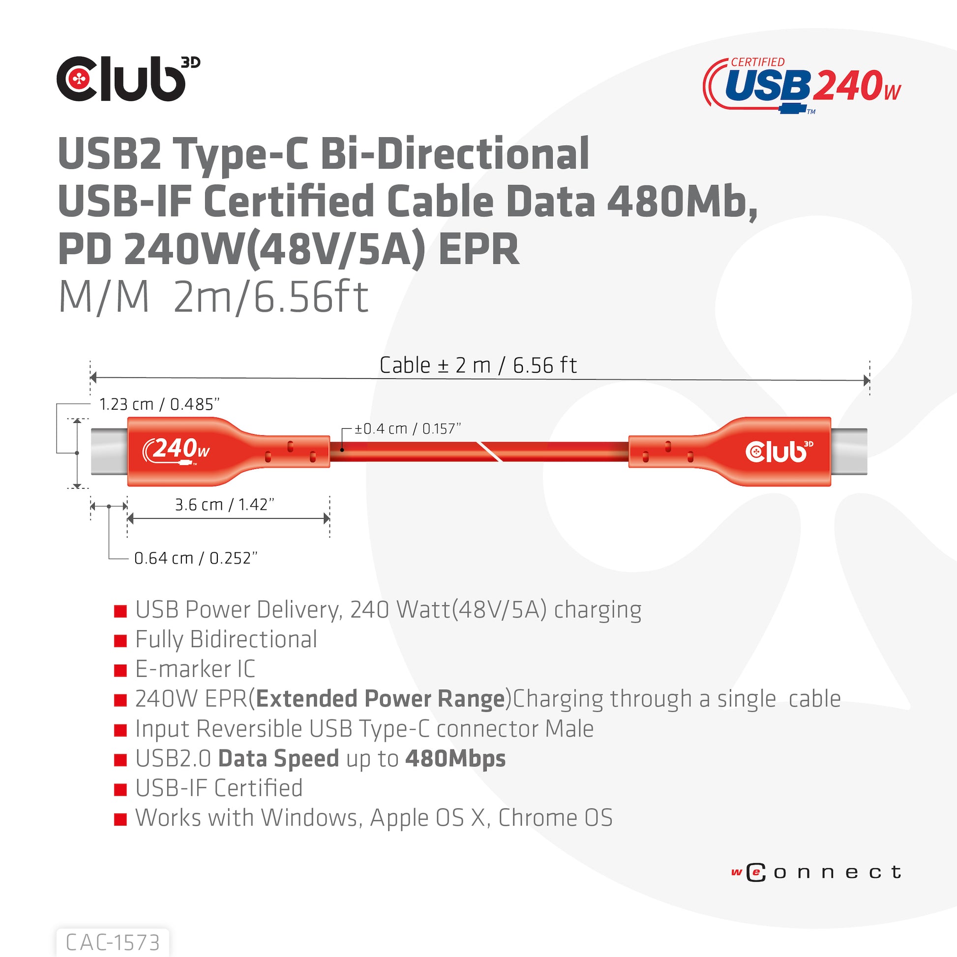 CLUB3D Club 3D – USB-C auf USB-C Kabel – USB4 20 Gbit/s – 2 m – PD 240 W – USB-IF zertifiziert – Rot