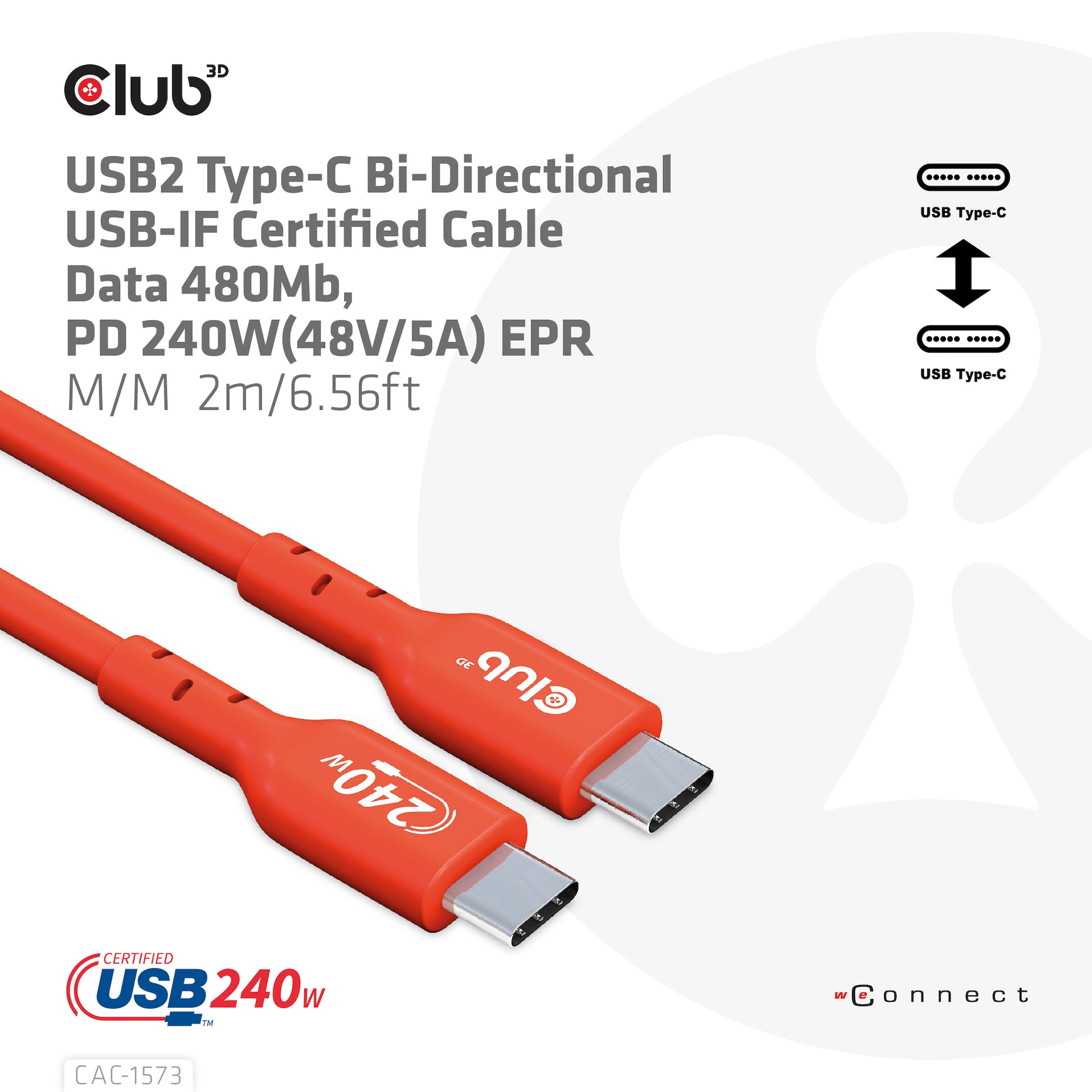 CLUB3D Club 3D – USB-C auf USB-C Kabel – USB4 20 Gbit/s – 2 m – PD 240 W – USB-IF zertifiziert – Rot
