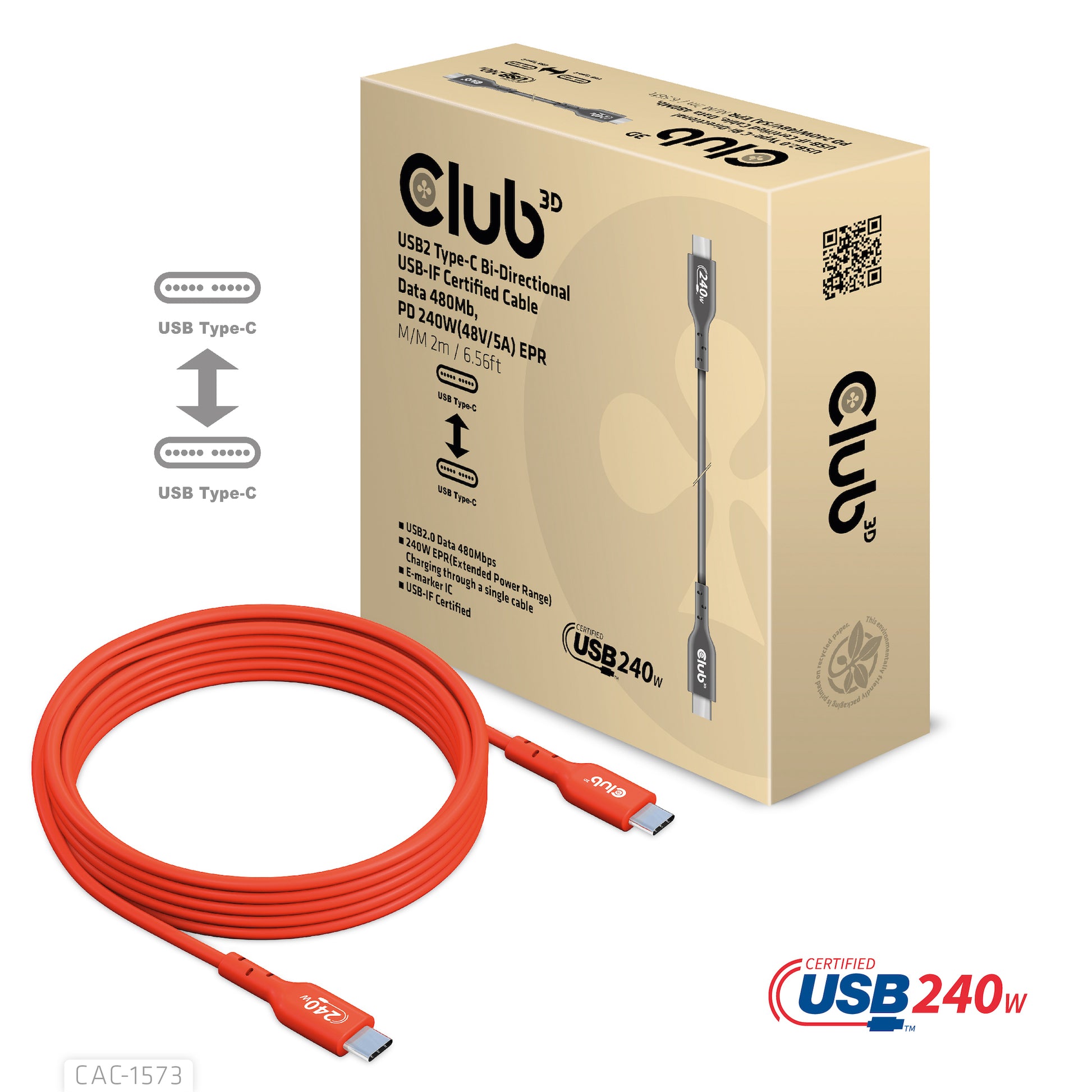 CLUB3D Club 3D – USB-C auf USB-C Kabel – USB4 20 Gbit/s – 2 m – PD 240 W – USB-IF zertifiziert – Rot