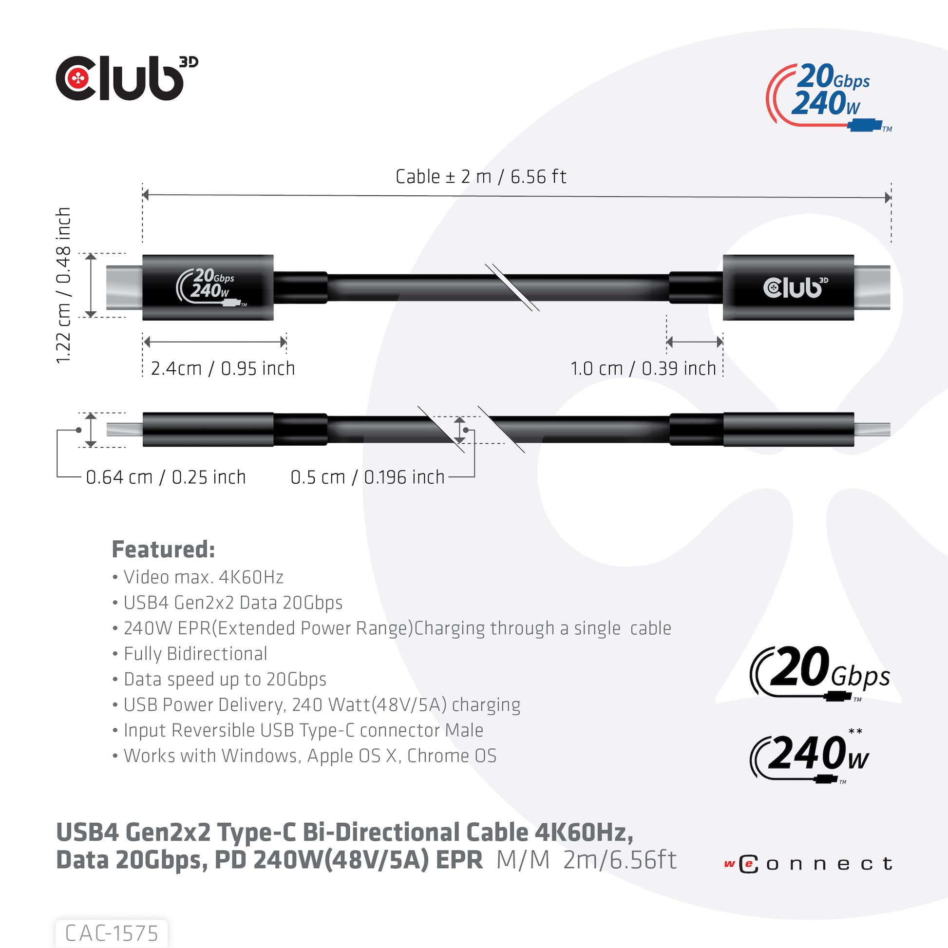 CLUB3D Club 3D – USB-Kabel, USB-C zu USB-C, 2 m, USB4, Lade-/Datenkabel