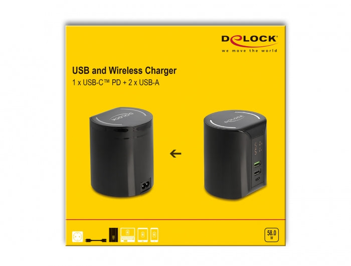 DeLOCK 41441 Ladestation – 58 W, 4× USB + kabellos – für universelle Geräte