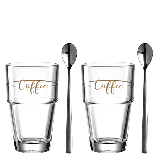 LEONARDO Latte Macchiato Glas – 2er Set, 410 ml, Ø 9,0 cm, Kalk-Natron-Glas, inkl. Löffel, spülmaschinenfest