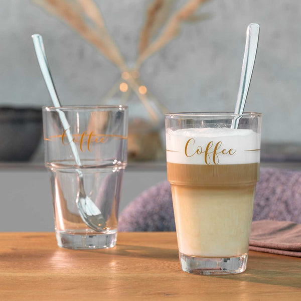 LEONARDO Latte Macchiato Glas – 2er Set, 410 ml, Ø 9,0 cm, Kalk-Natron-Glas, inkl. Löffel, spülmaschinenfest