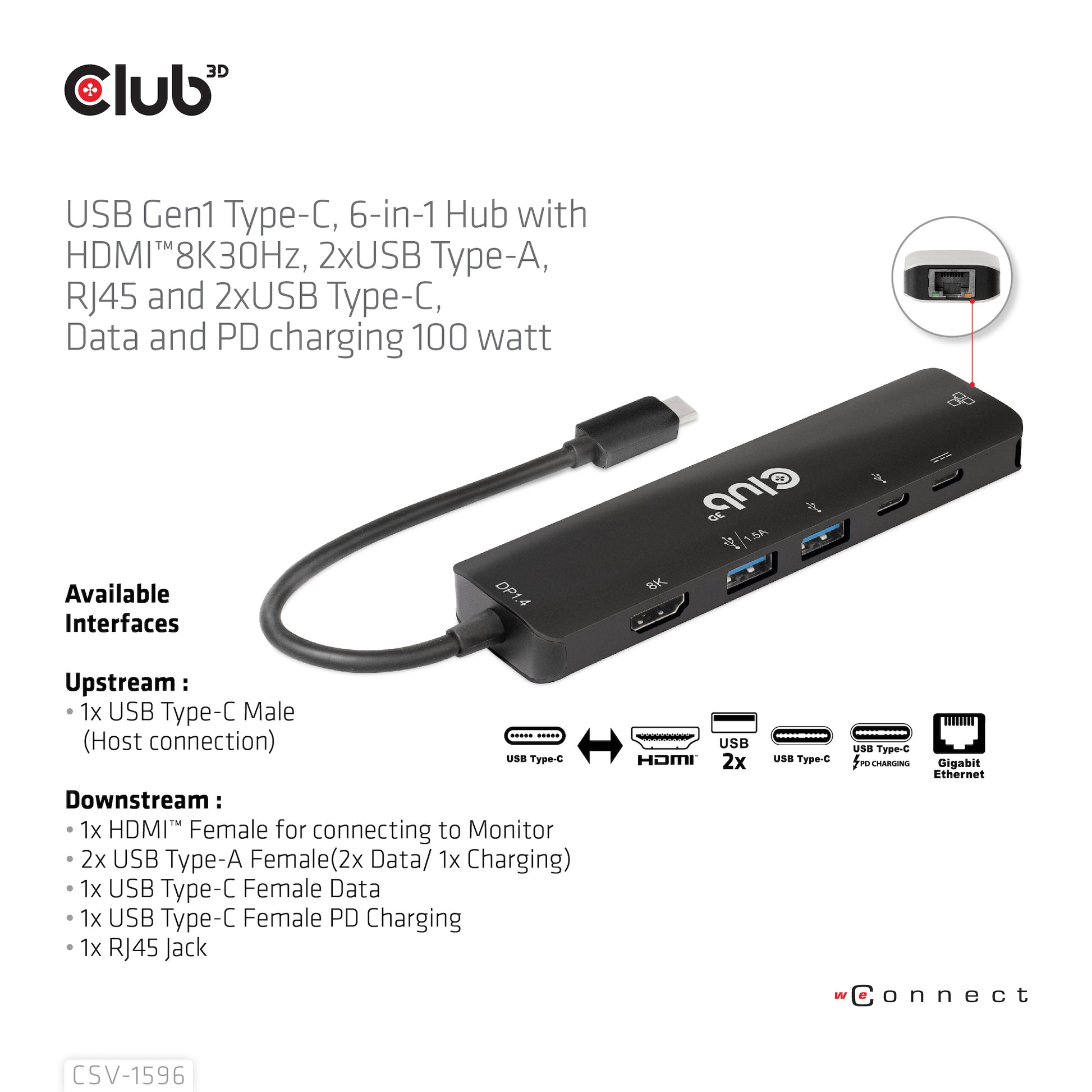 CLUB3D Club 3D Multiport-Adapter – USB-C, 1× HDMI, 2× USB-A, 100 W PD, GbE, für Windows/Mac