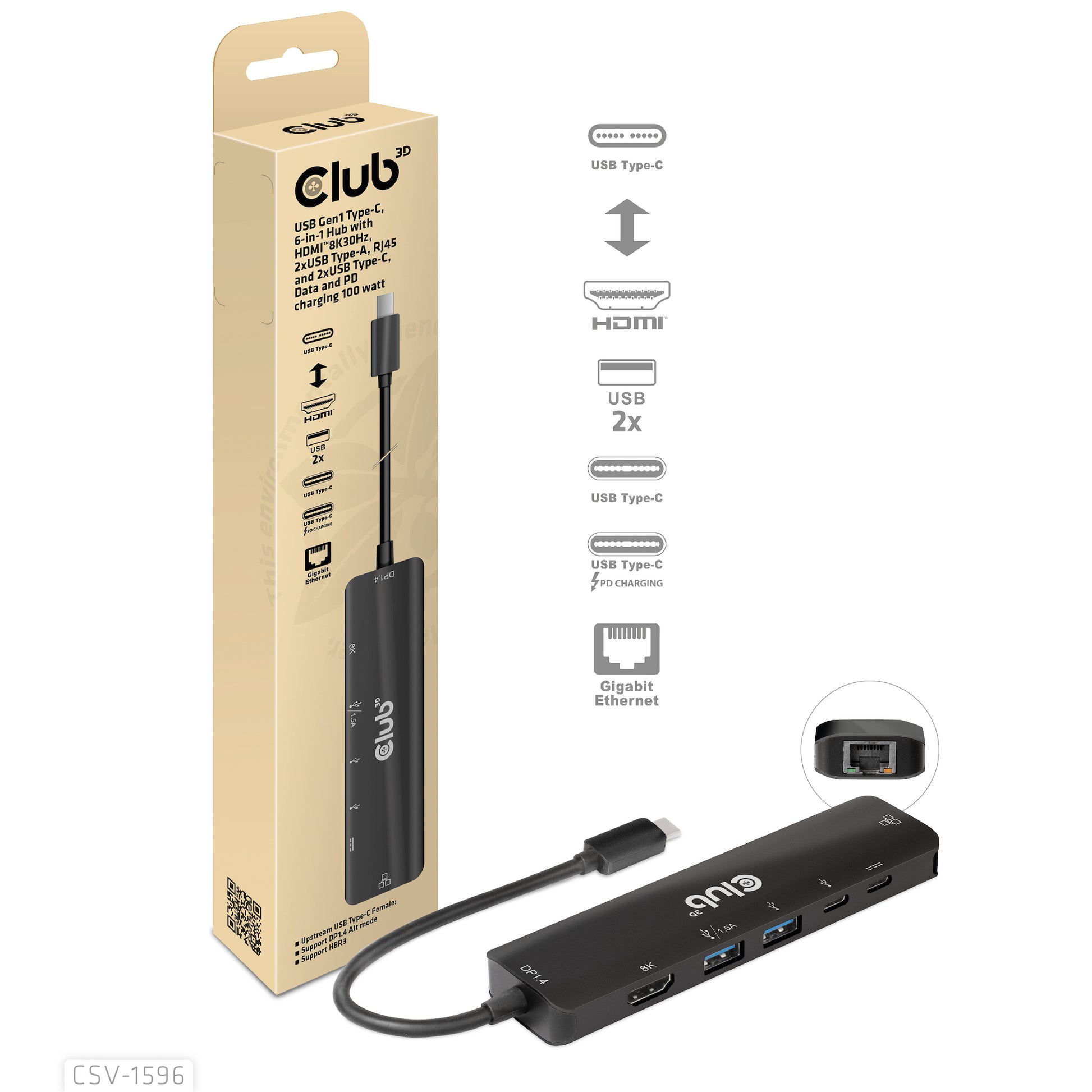 CLUB3D Club 3D Multiport-Adapter – USB-C, 1× HDMI, 2× USB-A, 100 W PD, GbE, für Windows/Mac