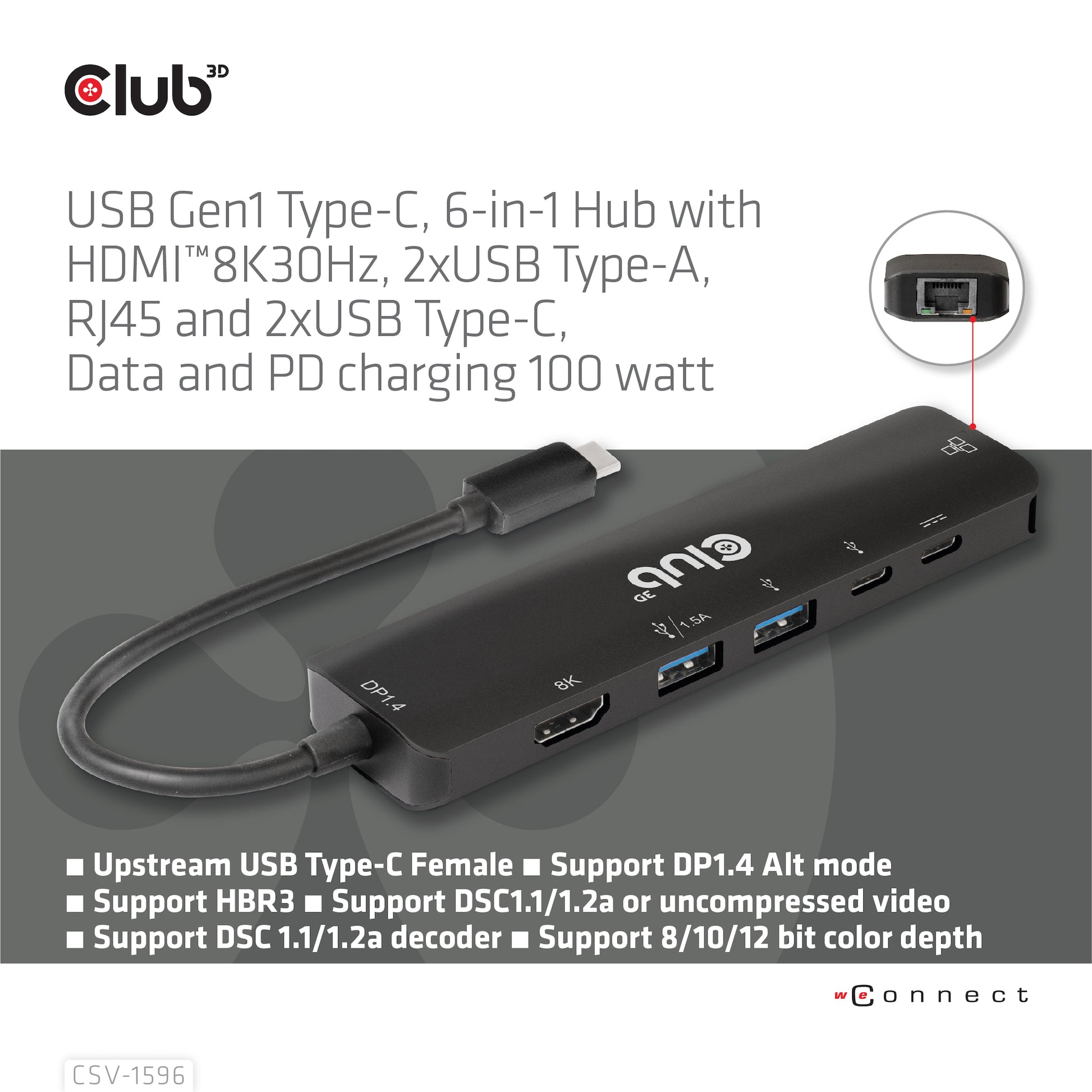 CLUB3D Club 3D Multiport-Adapter – USB-C, 1× HDMI, 2× USB-A, 100 W PD, GbE, für Windows/Mac