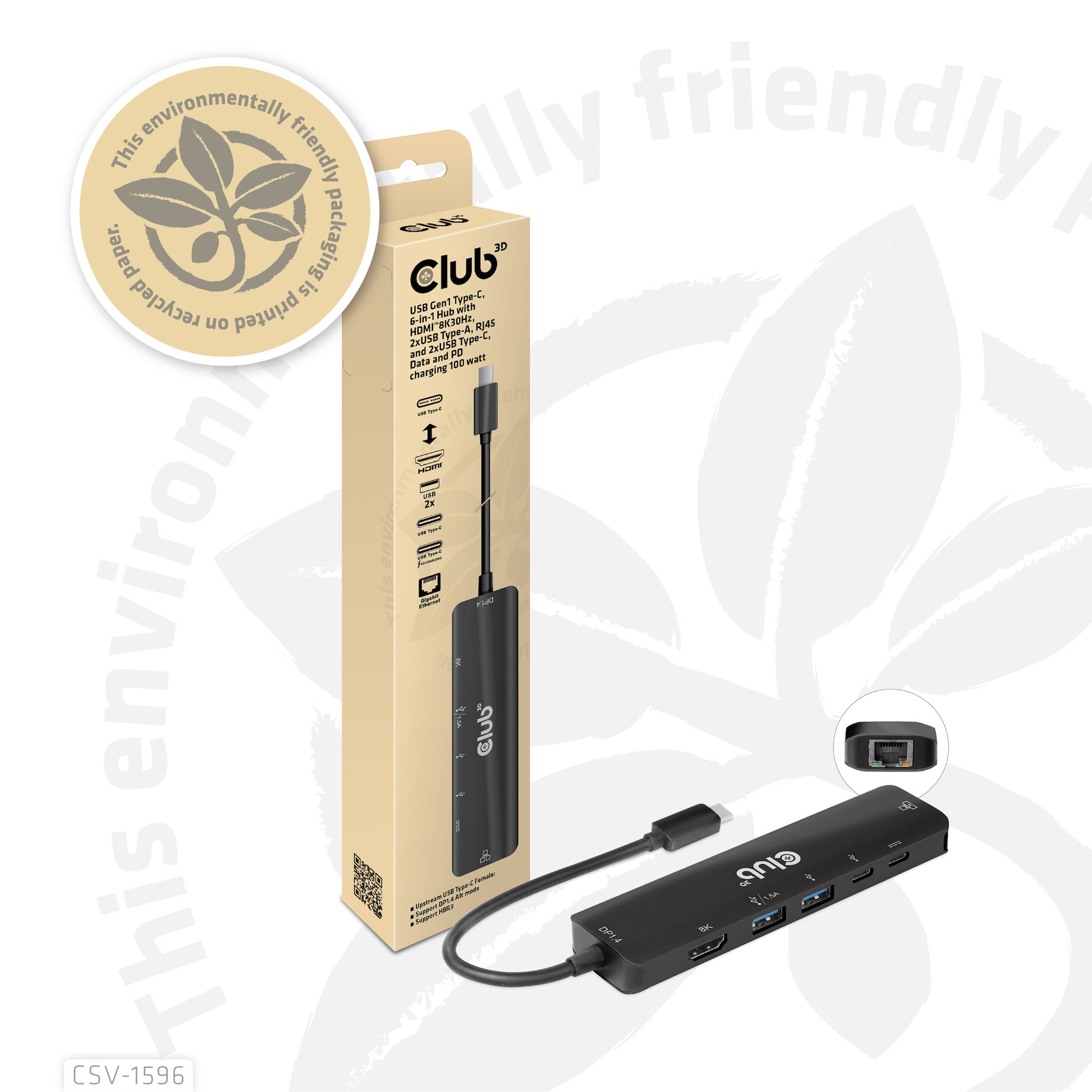 CLUB3D Club 3D Multiport-Adapter – USB-C, 1× HDMI, 2× USB-A, 100 W PD, GbE, für Windows/Mac