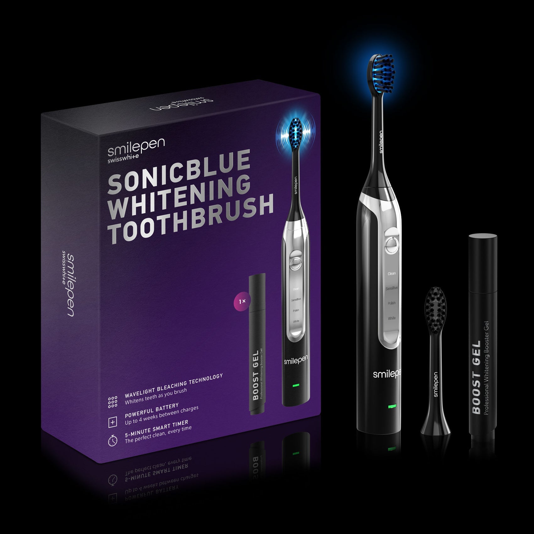 Smilepen SonicBlue Schallzahnbürste – 4 Modi, Akkubetrieben – 2 Ersatzbürstenköpfe – Schwarz